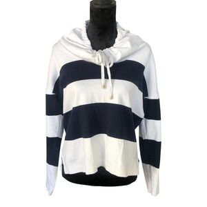 Neiman Marcus Exclusive Women's Navy White Rugby Stripe Preppy Funnel Neck Top M